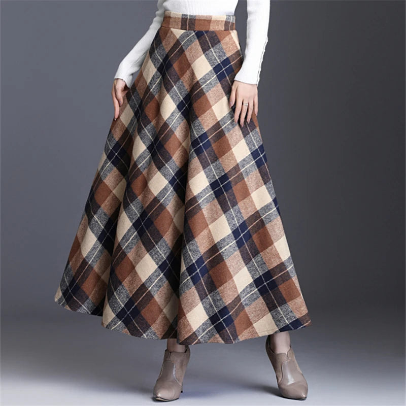 Neophil Woolen Warm S-3XL Thick Plaid Skirts Winter Women England Style Pockets Midi Pleated A-Line Wool Tartan Skirt S9216