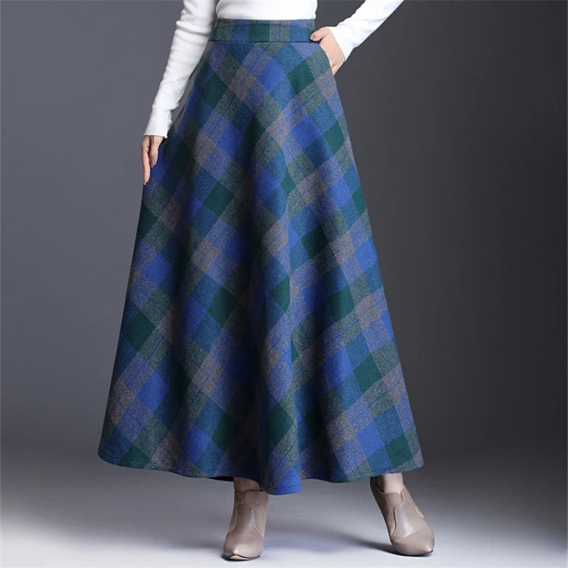 Neophil Woolen Warm S-3XL Thick Plaid Skirts Winter Women England Style Pockets Midi Pleated A-Line Wool Tartan Skirt S9216