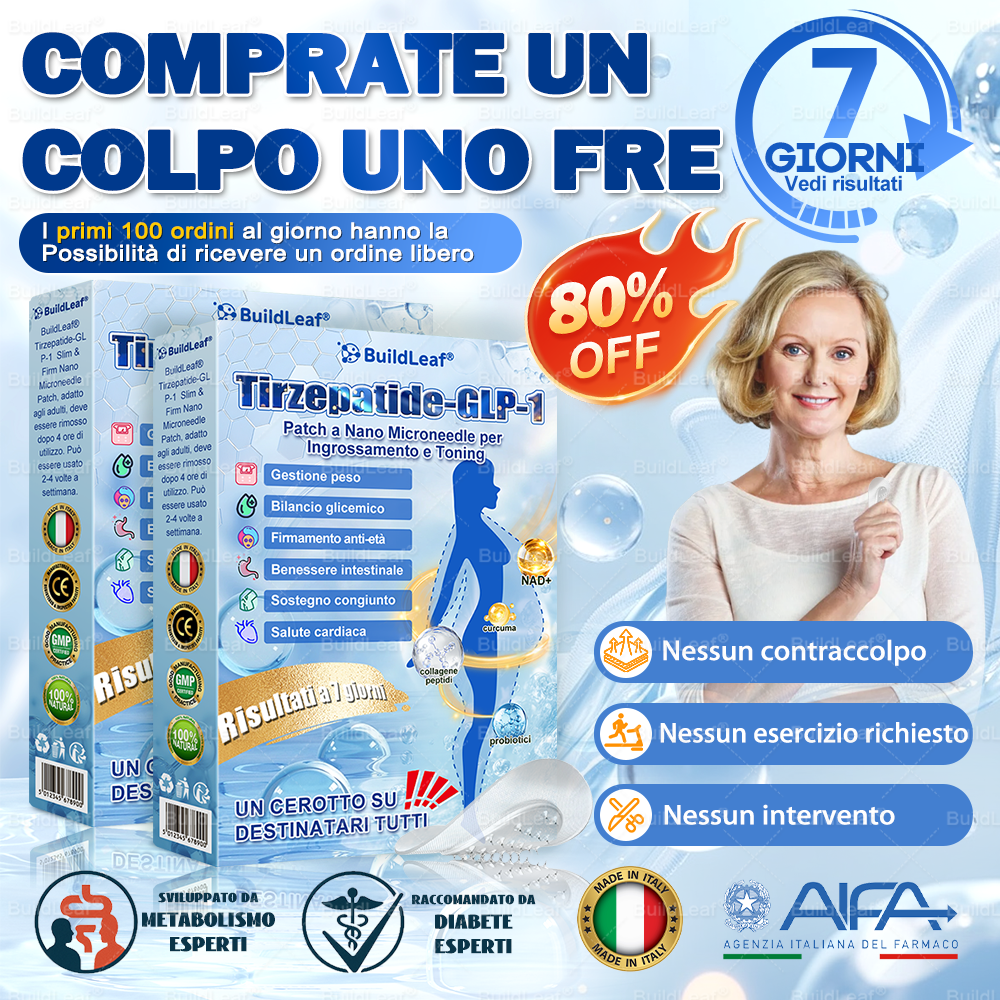 IT Clinicamente testato · Cerotto a microaghi nano BuildLeaf® Slim & Firm con Moringa, Omega-3, Peptidi di Collagene, NAD e NMN per obesità, salute cardiovascolare, diabete, apnea notturna, articolazioni, pelle e anti-età.