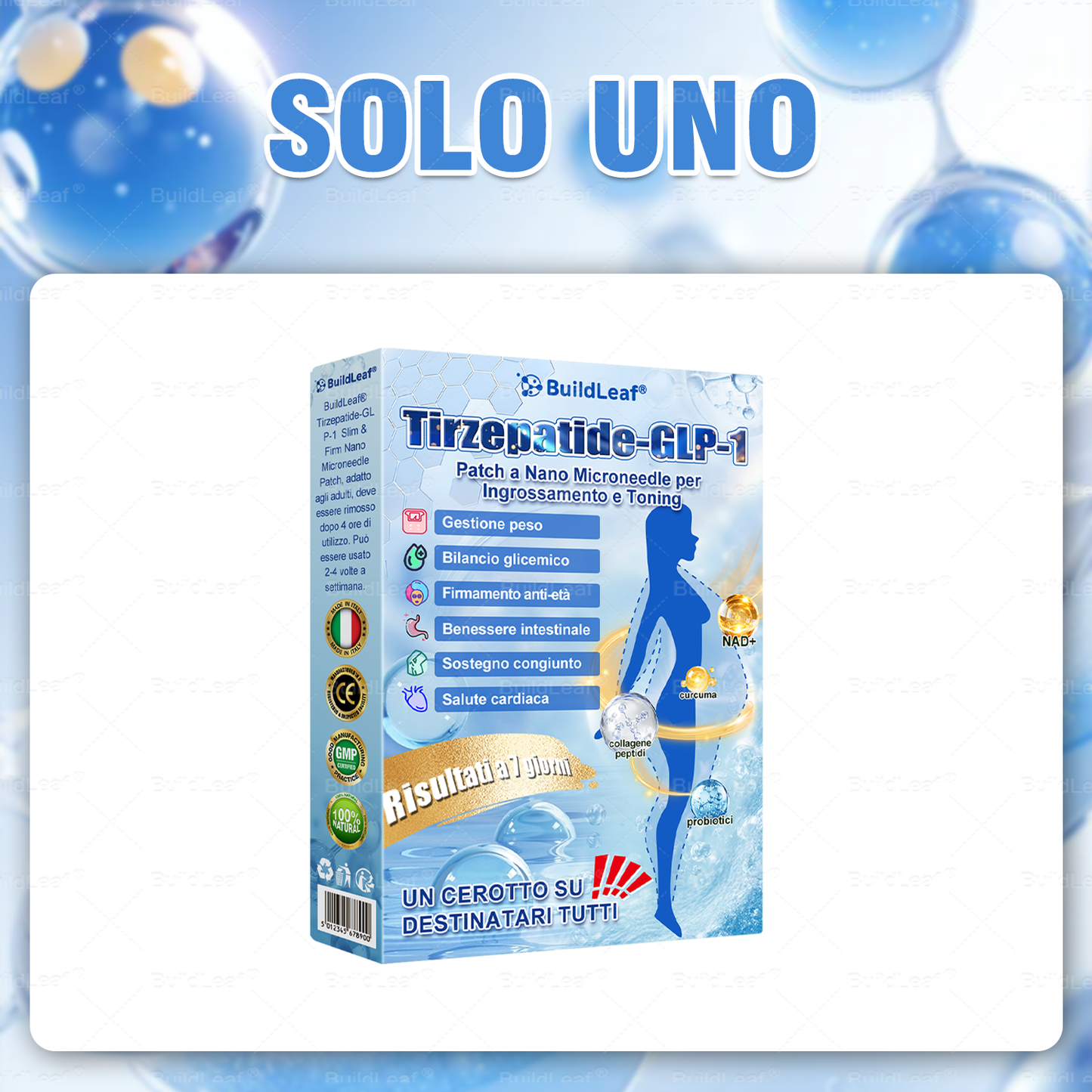 IT Clinicamente testato · Cerotto a microaghi nano BuildLeaf® Slim & Firm con Moringa, Omega-3, Peptidi di Collagene, NAD e NMN per obesità, salute cardiovascolare, diabete, apnea notturna, articolazioni, pelle e anti-età.